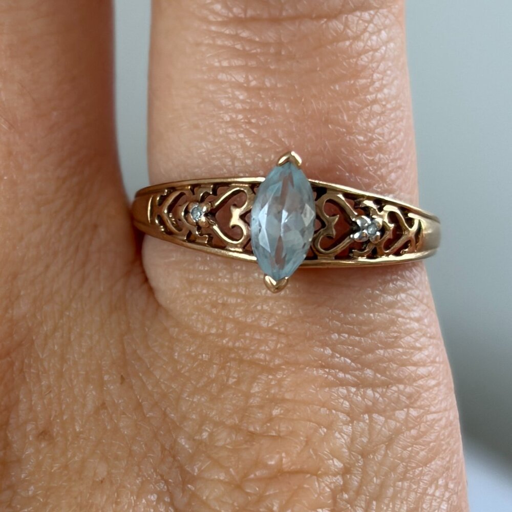 Aquamarine diamond 10k ring hearts